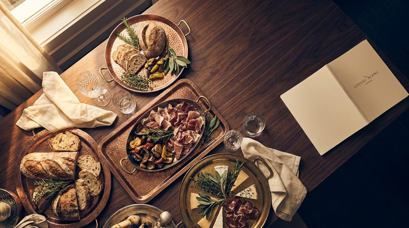 A dressed luxury hospitality buffet — hammered metal trays, fresh herbs, and cream linen in soft directional light.